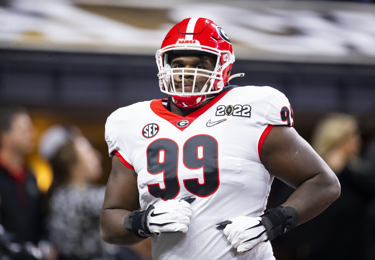 Jan 10, 2022; Indianapolis, IN, USA; Georgia Bulldogs defensive lineman Jordan Davis (99) against the Alabama Crimson Tide in the 2022 CFP college football national championship game at Lucas Oil Stadium. Mandatory Credit: Mark J. Rebilas-USA TODAY Sports